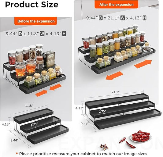 Expandable Spice Rack Organizer - 3 Tier Adjustable Spice Organizer for Cabinet & Countertop - Easy Visibility - Black