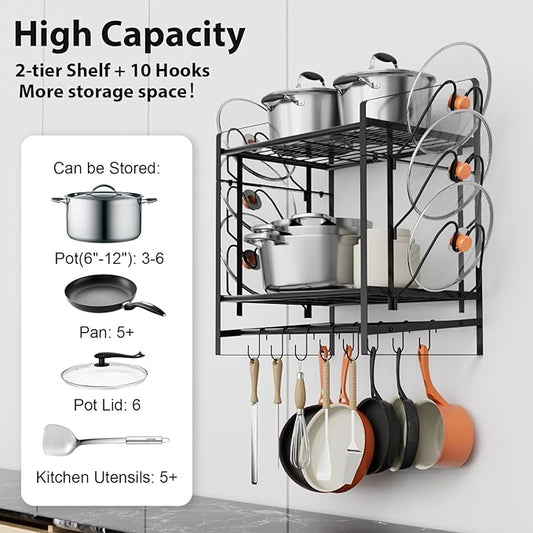 24 Inch Pot Rack Wall Mounted, 2 Tier Pots and Pans Organizer with 10 Hooks and 6 Pot Lid Holders, Heavy Duty Steel Pot and Pan Hanger for Kitchen Cookware Utensils Storage 24" Lx13 Wx20.5 H