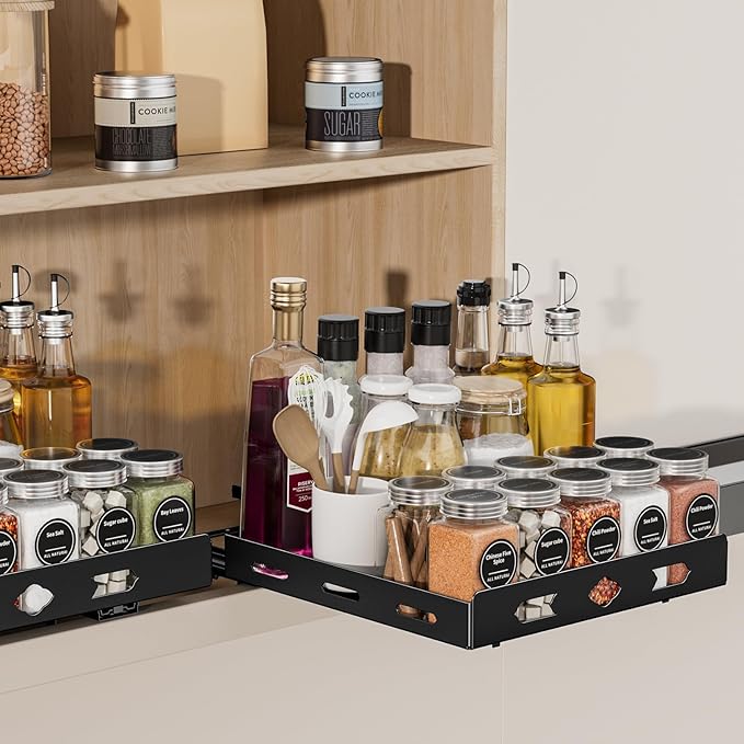 Pull Out Spice Rack Organizer for Cabinet, Heavy Duty-Slide Out Spice Rack, Vertical Spice Rack for Kitchen Cabinet and Pantry (10.5''Wx10.5''Dx2.8''H, Metal Black)