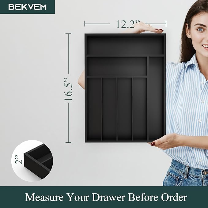 Bamboo Silverware Organizer, Kitchen Drawer Organizer, Utensil Holder, Cutlery Tray & Spoon Flatware Storage with Grooved Drawer Dividers ((7 Slots, Black)