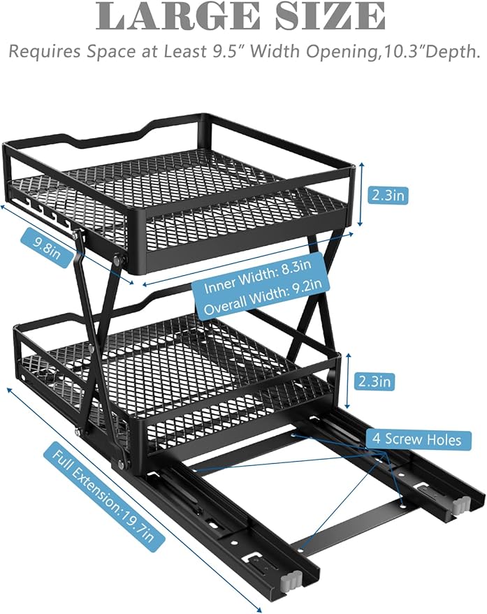 VOGWOLTH Pull Out Spice Rack Organizer, Collapsible Spice Rack Pull Out Drawer 2 Tier Height Adjustable Sliding Seasoning Shelf Kitchen Cabinet Pantry Closet Organizer Heavy Duty Metal (Large)