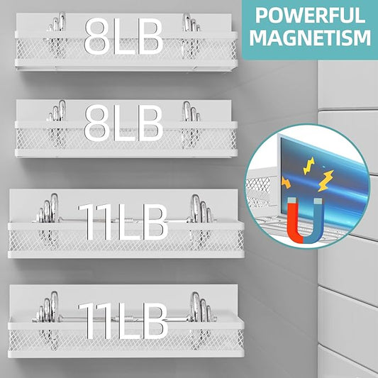Magnetic Spice Rack for Refrigerator, 4 Pack Magnetic Shelf for Refrigerator,Moveable Fridge Magnetic Spice Racks with 10-Hook Rack for Kitchen Organizers and Storage