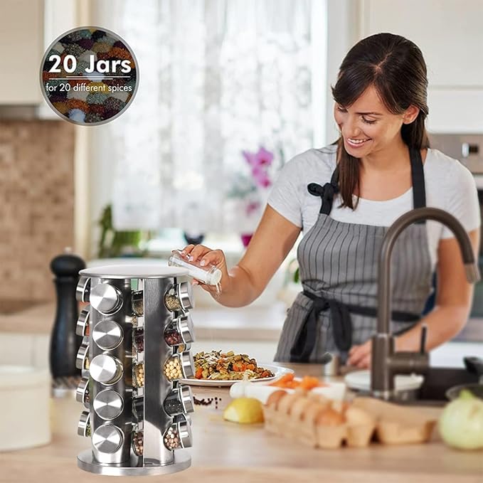 EBIZ&TECH 20-Jar Stainless Steel Rotating Spice Rack with Non-Slip Base - Kitchen Countertop Organizer for Easy Access and Storage of Spice (Sliver)