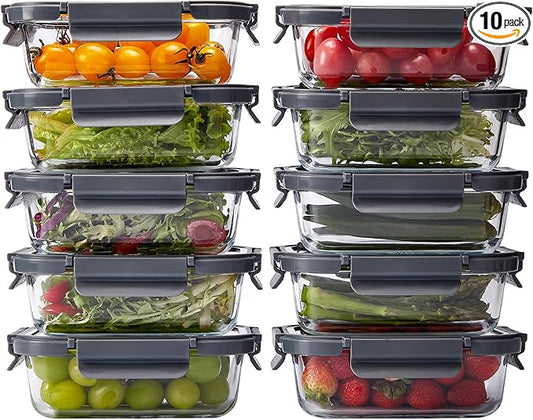 Glass Food Storage Containers with Glass Lids, 10 Pack of 21oz, Glass Meal Prep Container with Airtight Lids, Microwave Safe Food Container Set, BPA Free, LeakProof, Ideal for Lunch