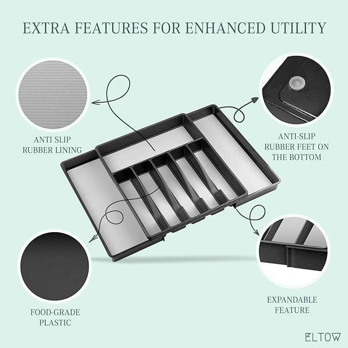 ELTOW Large Expandable Silverware Drawer Organizer, 8 Compartment Non-Slip & Adjustable Silverware Organizer for Drawer, Kitchen Organization for Utensils, Cutlery, Silverware Tray (Black)