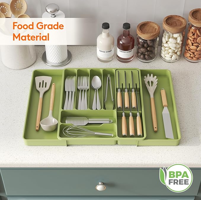 Lifewit Silverware Organizer for Kitchen Drawer, Expandable Utensil Tray with Removable Knife Block, Adjustable Cutlery Flatware Holder, Plastic Spoon Forks Holder Storage Divider, Large, Green
