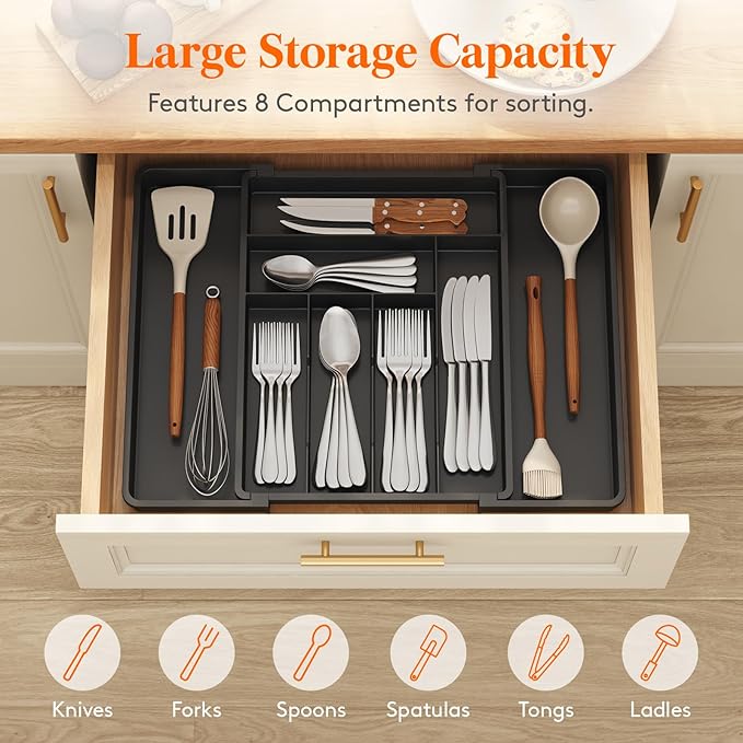 Lifewit Expandable Silverware Drawer Organizer, 22.4 x 16.7 x 2 inches, Adjustable Utensil Cutlery Tray for kitchen, Plastic Flatware Spoon Fork Knives Holder Storage Divider,2 Pack, Black