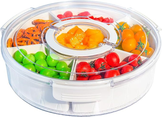 Veggie Tray with Lid and Handle, Divided Serving Tray, Snack Spinner, Portable Snackle Boxs for Candy Fruits Nuts, Clear Fridge Organizer and Storage for Party, Picnic, Travel, Beach