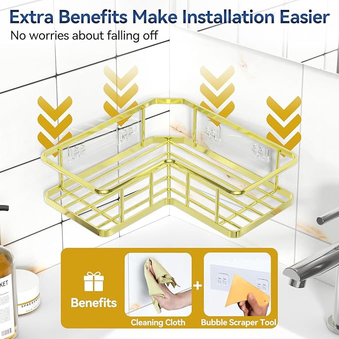 YASONIC Corner Shower Caddy Organizer, 3-Pack Self-Adhesive Rustproof Bath Shelves with Soap Holder & 4 Hooks, Large Capacity Shower Storage Rack for Bathroom Organization, Gold