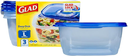 Glad GladWare Deep Dish Food Storage Containers Lock Tight Seal, BPA Free Large Rectangle Plastic Containers Hold Up to 64 Ounces of Food, 3 Count Set | Includes 3 Containers and Lids