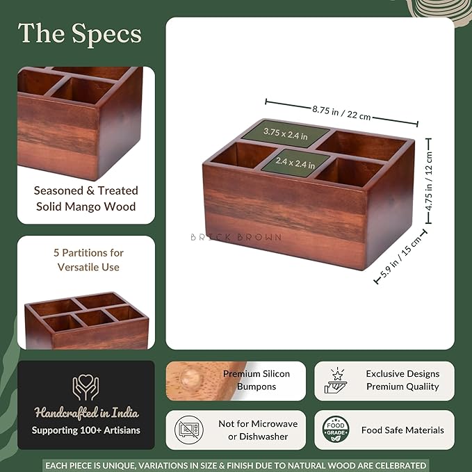 Premium Handcrafted Wooden Spoon stand for kitchen | cutlery holder for dining table | wooden caddy storage organiser stand with 5 section Mahogany Finish(8.75x6x4.5 inch)
