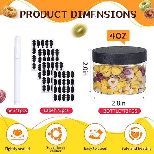 72pcs 4 oz Plastic Containers with Lids Pen Labels Leak Proof BPA Free Airtight Refillable Clear Small Containers Storage Jars for Storing Dry Food Makeup Slime Honey Jam,black