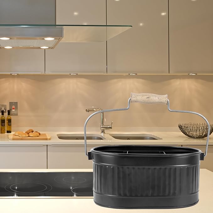 CLEENTABLE Rustic Galvanized Utensil Caddy - Farmhouse Silverware Holder for Kitchen, Dining, Picnic, Parties - Matte Black, 12-Inch, Durable Cutlery Organizer with Handle, Countertop Storage