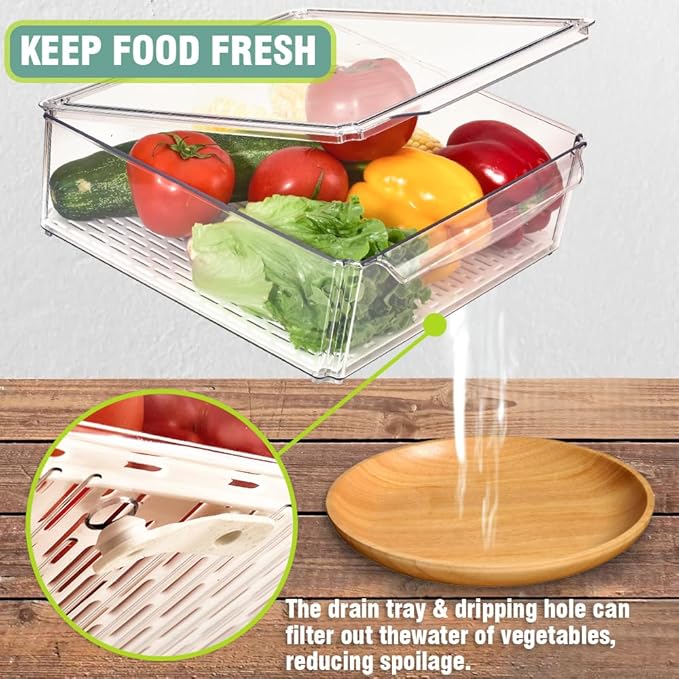 Stackable Refrigerator Organizer Bins with Lids, Fridge Organization and Storage Containers, BPA-Free Plastic Pantry Bins for Fruits, Vegetable, Drinks With Drain Tray, Set Of 10