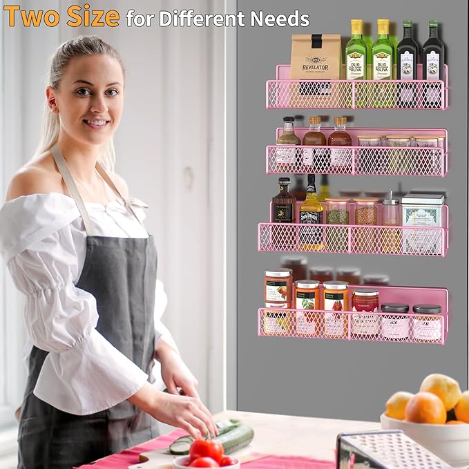 Magnetic Spice Rack for Refrigerator, 4 Pack Metal Magnetic Shelf Pink, Moveable Spice Organizer, Super Magnetic Fridge Shelf for Kitchen Organization and Storage