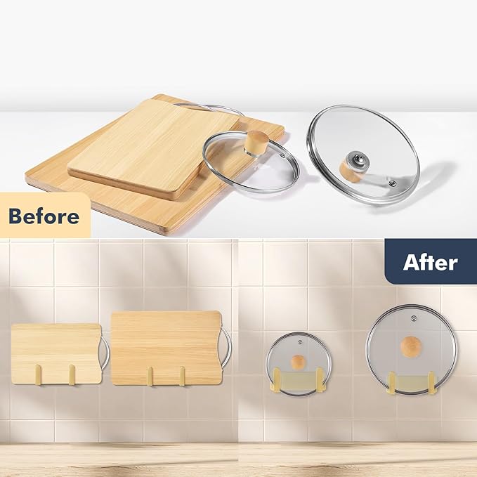 Pot Lid Rack, Wall Mounted 304 Stainless Steel Pan Lid Organizer Holder, Self Adhesive, Kitchen Cooking Utensil Tool(Gold,Set of 2)