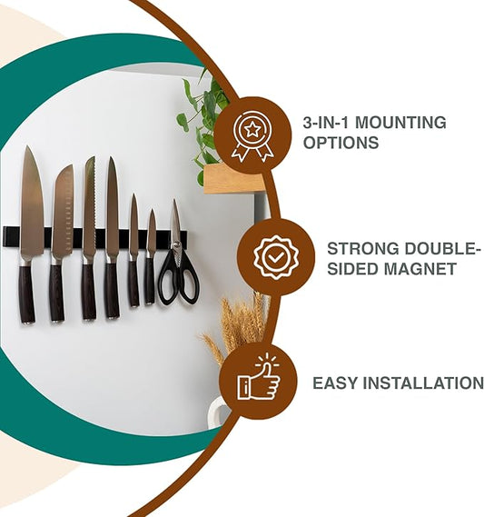 Black Magnetic Knife Holder 16 Inch Magnetic Strip for Wall and Fridge, No Drill Installation, Strong Adhesive Stainless Steel Organizer