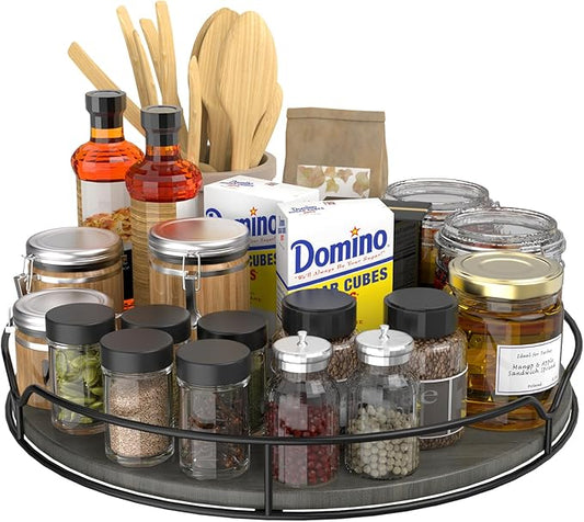 Lazy Susan Turntable Organizer with Anti-Slip Mat for Cabinet Pantry Kitchen Countertop Refrigerator Office, Pine Wood, 12", Grey…