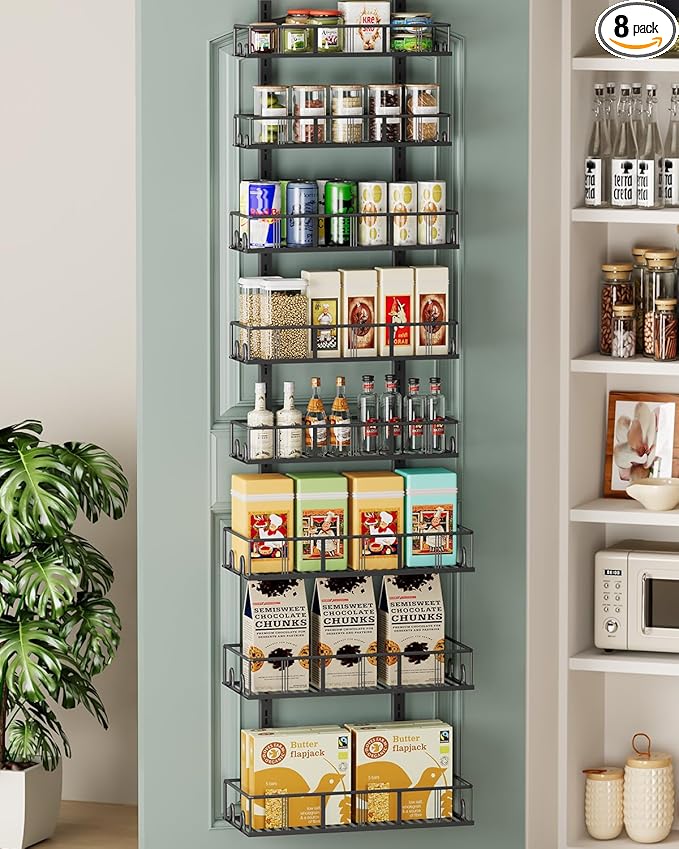 Black 8-Tier Over The Door Pantry Organizer, Pantry Organization And Storage, Metal Hanging Spice Rack Shelves Door, Home & Kitchen Essentials, Laundry Room Bathroom Organization