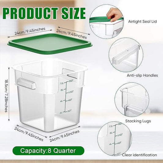 2 Pieces Square Food Storage Containers Polycarbonate Clear food Container with Lid Commercial Storage with Graduations for Commercial Kitchen Dough Marinating Meat(Green, 8 Qt)