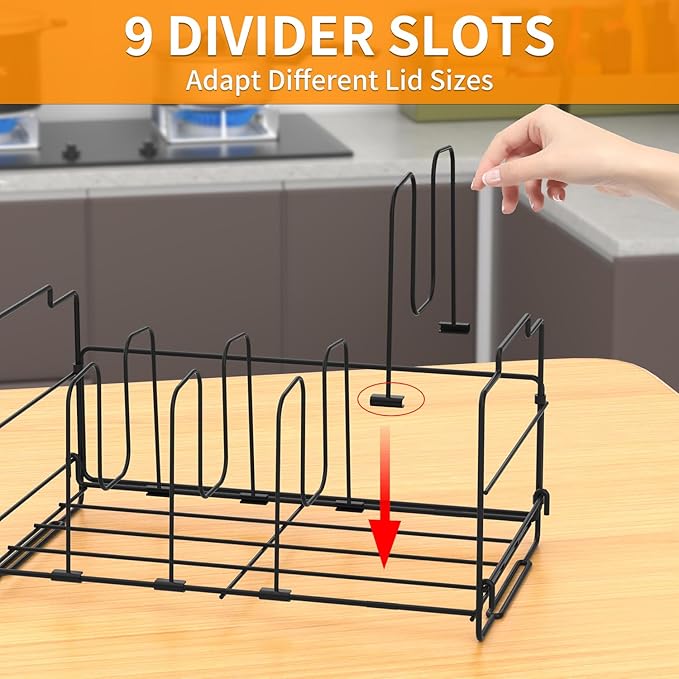 2 Tiers Stack Food Storage Container Lid Organizer 8 Dividers Storage Container Lid Holder Rack for Cabinets, Cupboards, Pantry Shelves, Drawers to Keep Kitchen Tidy, Black