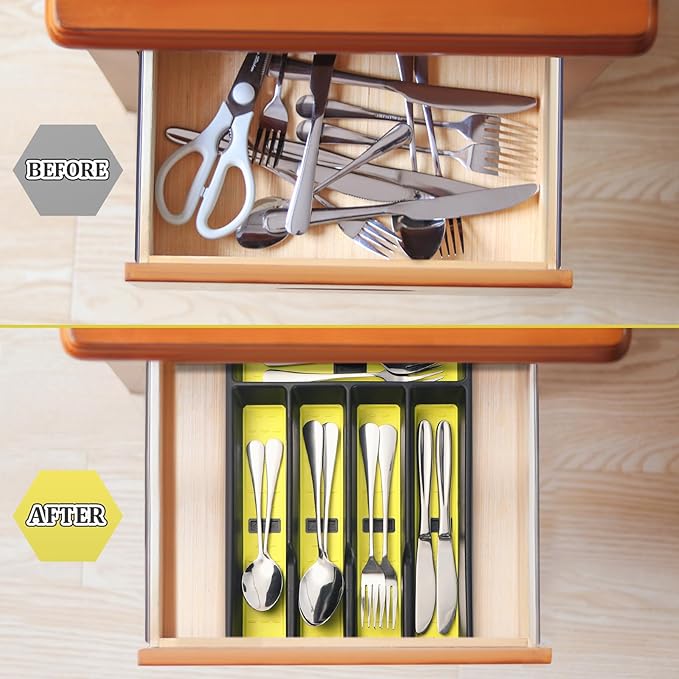 Silverware Organizer with Cutlery Icons，Silverware Tray for Kitchen Drawer，Plastic Flatware Tableware Cultery Drawer Organizer Utensil Organizer with Non-slip TPR Linings，5-Compartment，Yellow