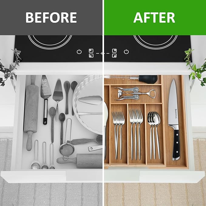 Expandable Silverware Drawer Organizer, Bamboo Kitchen Organizers and Storage, Adjustable Silverware Organizer, Utensil Drawer Organizer for Kitchen Organization (6-8 Slots)