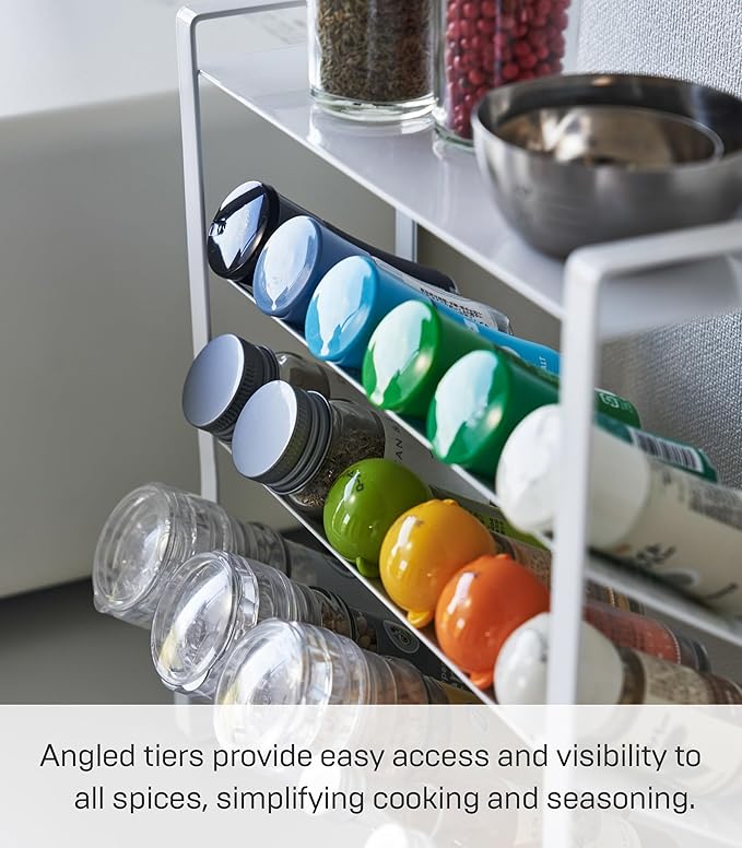 Yamazaki Home Tower 4-Tier Slim Spice Rack Organizer - Large Capacity, Angled Shelves, Flat Top Tier - Ideal For Countertops And Stove Sides - Steel