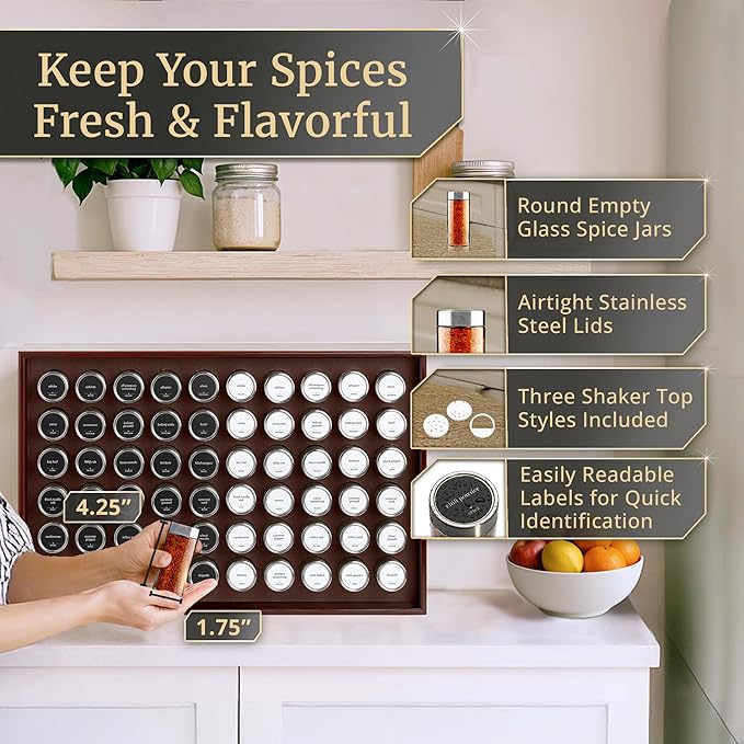 BOURBON & BARREL Wooden Spice Rack Organizer with Glass Jars | Stainless Steel Lids | Bamboo Countertop Spice Organization | 350 Waterproof Spice Labels | 2 Chalk Markers | 60 4oz Jars [Cherry]