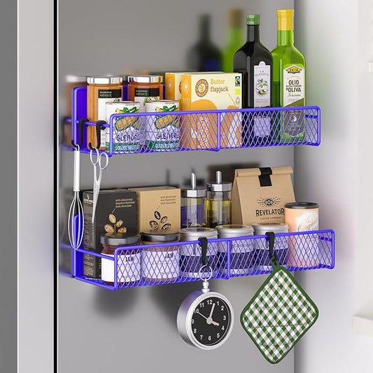 Magnetic Spice Rack for Refrigerator, 2 Pack Metal Magnetic Shelf, Moveable Spice Organizer with Hooks, Super Magnetic Fridge Shelf for Kitchen Organization and Storage, Purple Blue