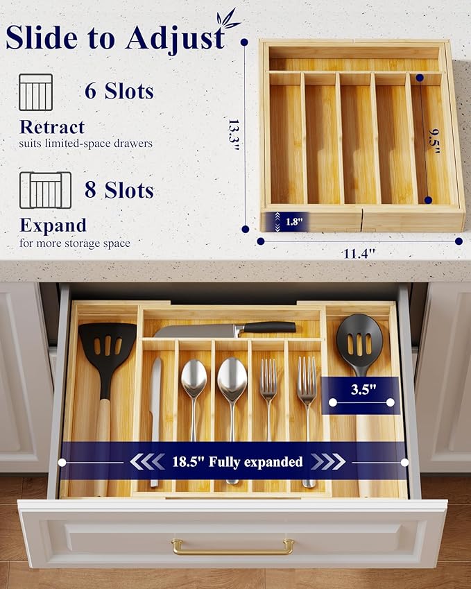 Kitsure Large Thickened Silverware Organizer - Expandable Bamboo Kitchen Drawer Organizer for Cooking Utensils and Cutlery, Sturdy Kitchen Organizers and Storage Solution, 18.5"×13.3"×1.8"