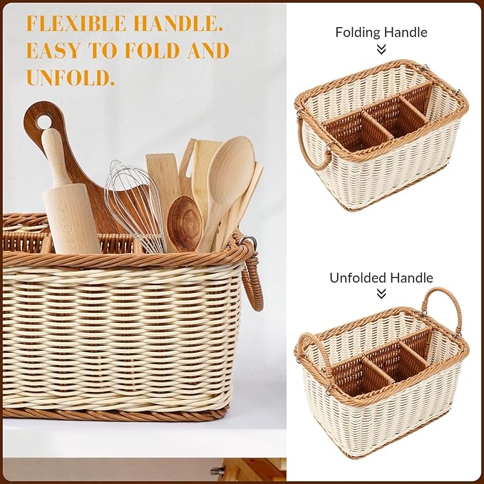 Utensil Holder Silverware, Rattan Hand Woven Cutlery Storage Organizer, Multifunctional Divided Storage Basket, for Hold Forks, Knives, Napkins, Foods and Sundries （ Flexible Handle ）