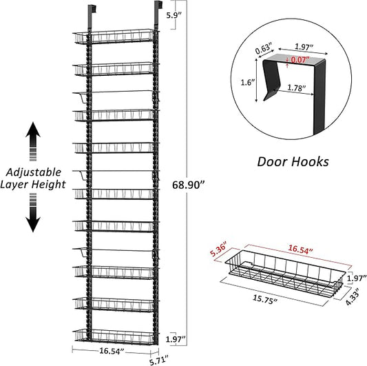 Churboro Over the Door Pantry Organizer Rack with 9 Adjustable Baskets, 9 Tiers Dual-use Hanging or Wall Mount Spice Rack Organizer, Black