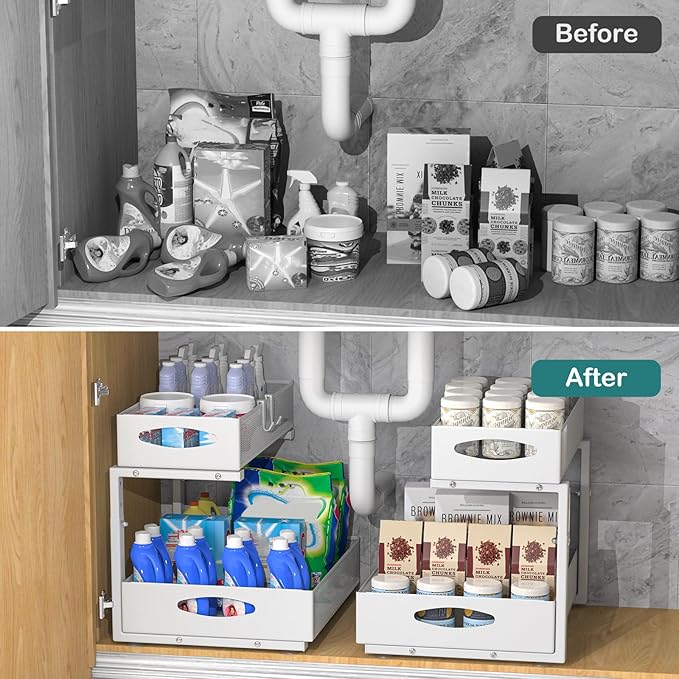1 Pack Large Under Sink Organizer, 2 Tier Metal Pull Out Under Sink Storage with Sliding Mesh Drawers, Height Adjustable Slide Out Under Cabinet Organizer for Kitchen Bathroom, White