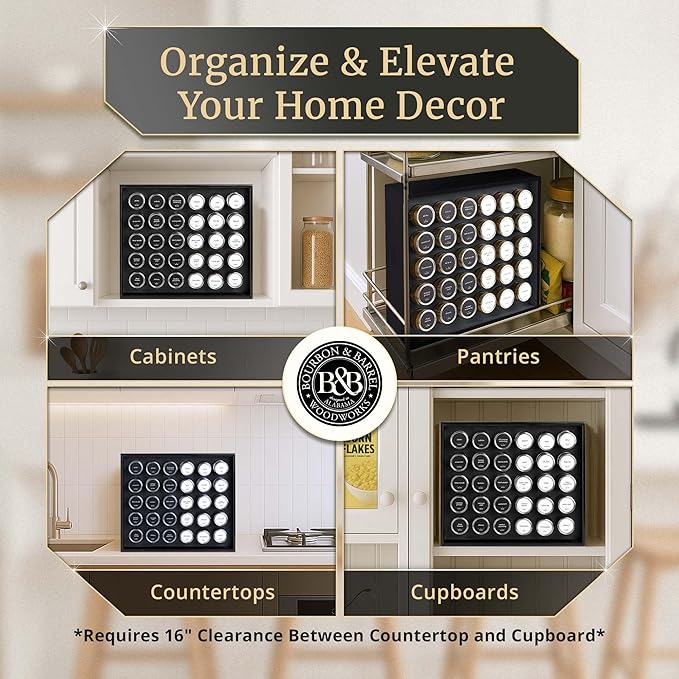 BOURBON & BARREL Wooden Spice Rack Organizer with Glass Jars | Stainless Steel Lids | Bamboo Countertop Spice Organization | 350 Waterproof Spice Labels | 2 Chalk Markers | 30 4oz Jars [Black]