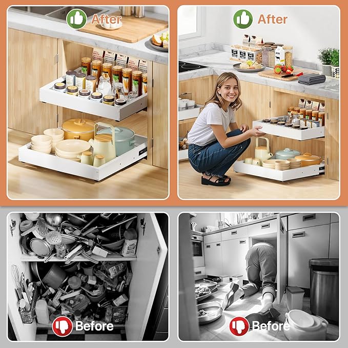 2 Pack Pull out Cabinet Organizer, Width (11"-19") Depth (16"-22"), with 3 Rails Adjustable Slide, Expandable Pullout Drawers for Cabinets, No Drill Adhesive Kitchen Drawers for Shelves