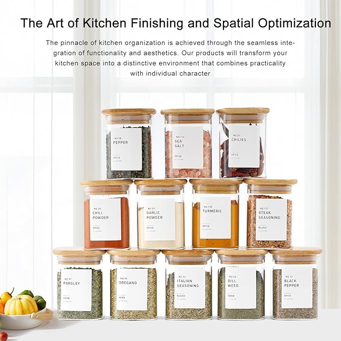 12Pcs Glass Spice Jars with Bamboo Airtight Lids, 6oz Spice Containers with 340 Preprinted Spice Labels of White and Black Color, Empty Seasoning Containers for Spice Salt Sugar Herb