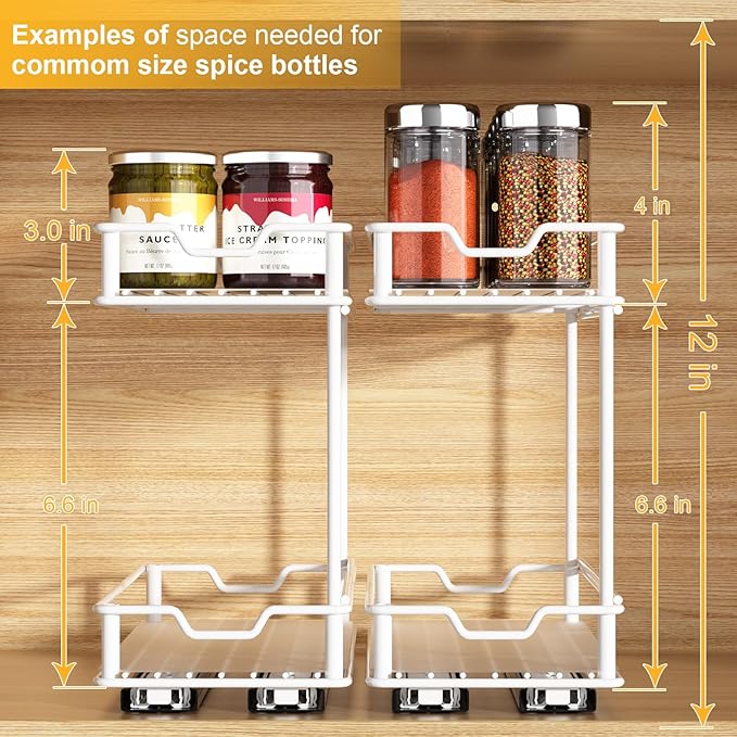 Pull Out Spice Rack Organizer for Cabinet, 2 Tier Slide Out Spice Rack, Sliding Spice Organizer Shelf, White