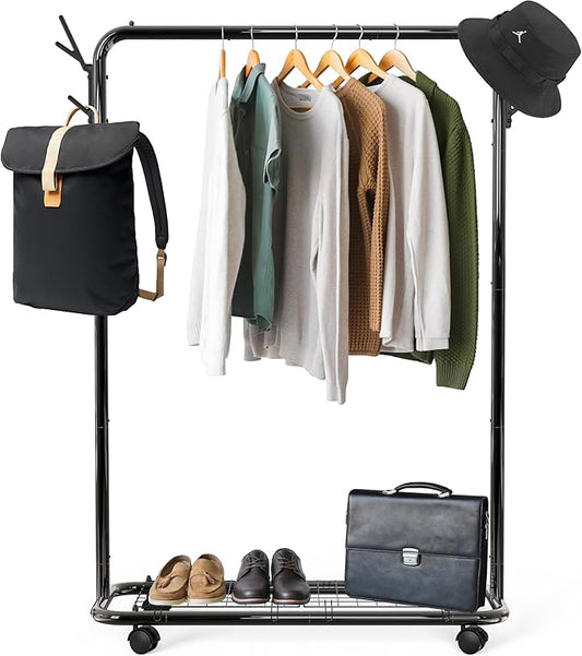 Simple Houseware Industrial Style Garment Rack with Wheels and Hooks, Black