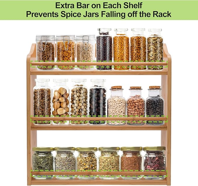 3 Tier Bamboo Spice Rack, Seasoning Jars Rack Shelf Spice Organizer for Kitchen Counter or Wall Mounting