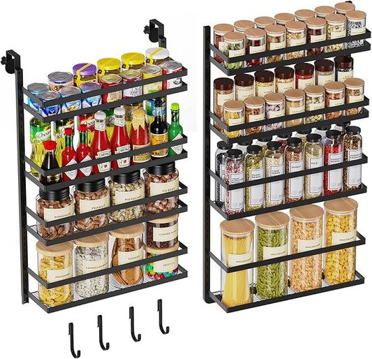 8-Tier-Wall-Mount-Spice-Rack-Organizer W/ Adjustable Basket&Fence, Large Over The Door Spice Seasoning Shelf For Pantry Kitchen, Hanging Spice Organization For Cabinet Door, Bathroom Door Storage