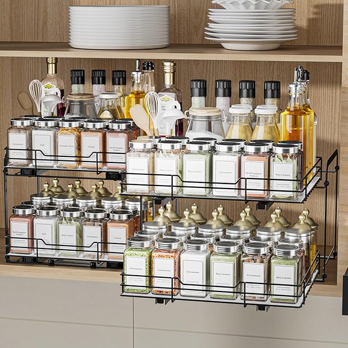 2-Tier Pull Out Spice Rack Organizer for Cabinet, Spice Rack Organizer, Height Adjustable Heavy Duty Metal Basket for Inside Cabinets & Pantry (13.5''Wx10.5''Dx9.5''H)