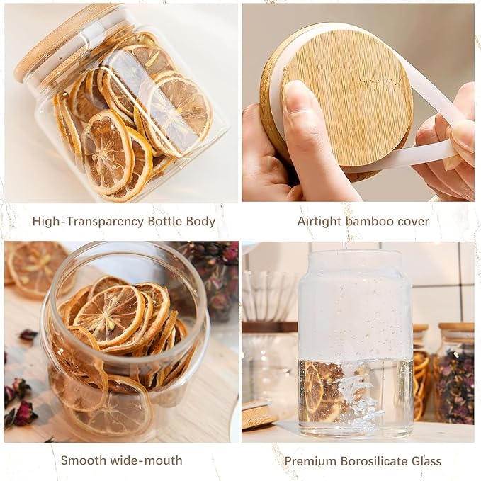 17.6 fl oz Glass Storage Containers With Lids, Candy Jar, Food Storage for Kitchen Counter, Pantry, Decorative Container for Coffee, Sugar, Tea, Cute Glass Jar (Bamboo 17.6 FL OZ)