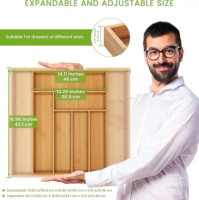 Utopia Kitchen Silverware Organizer, Expandable Bamboo Utensil Drawer Organizer, Kitchen Drawer Organizer, Silverware Organizer for Cutlery, Utensils, Flatware Holder (6-8 Slots, Natural) Pack of 1