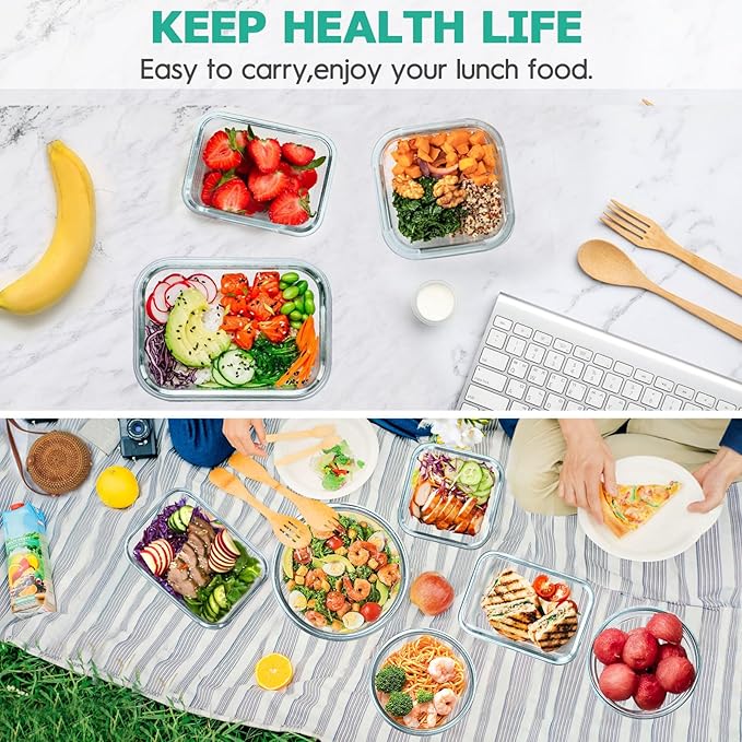 34pcs Glass Food Storage Containers with Lids Set, Airtight Glass Meal Prep Containers (17 Containers & 17 Lids), Leak Proof Lunch Containers BPA-Free, Microwave, Oven, Freezer, Dishwasher Safe-Green