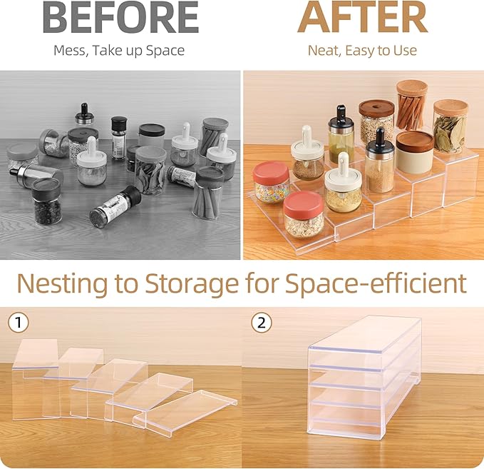 5-Pack Acrylic Spice Rack(10.8"~12.4"L), Seasoning Organizer with Non-Slide Silicone Pads, Clear Cabinet Organizer Shelf for Kitchen Countertop, Cupboard, Pantry, Shelf Riser Rack for Cans and Cups