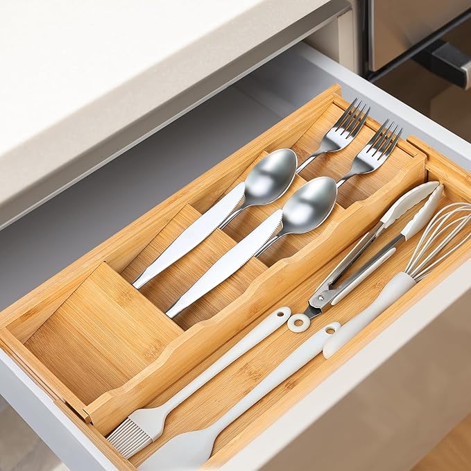 Kitchen Drawer Organizer Bamboo Silverware Drawer Organizer,Expandable Utensil Organizer, Bamboo Cutlery Tray and Utensil Holder for Kitchen Flatware(5 Slots, Natural)