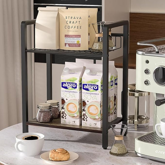 2-Tier Kitchen Counter Shelf Organizer – Metal Mesh & Wood Board, Large Storage Space, Easy to Install Countertop Organizer for Kitchen, Coffee Station, and Office