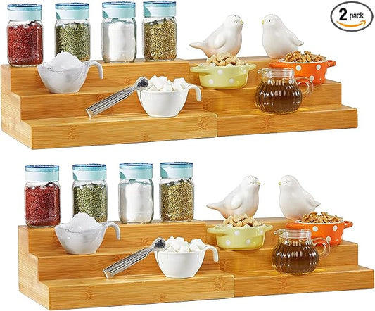 RoyalHouse Bamboo Expandable Spice Rack Organizer, 3-Tier Adjustable Kitchen Cabinet, Countertop Display Shelf, Space Organizer for Kitchen and Bathroom (Pack of 2)