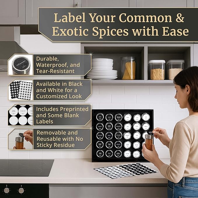 BOURBON & BARREL Wooden Spice Rack Organizer with Glass Jars | Stainless Steel Lids | Bamboo Countertop Spice Organization | 350 Waterproof Spice Labels | 2 Chalk Markers | 30 4oz Jars [Black]